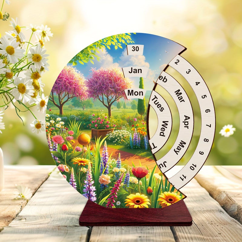 1pc Wooden Garden Path Creative Calendar Manual Rotation Table Decoration Simple Home Office Desktop Ornament Handmade Rotating Desk Calendar New Year Birthday Housewarming Gift - Image 2