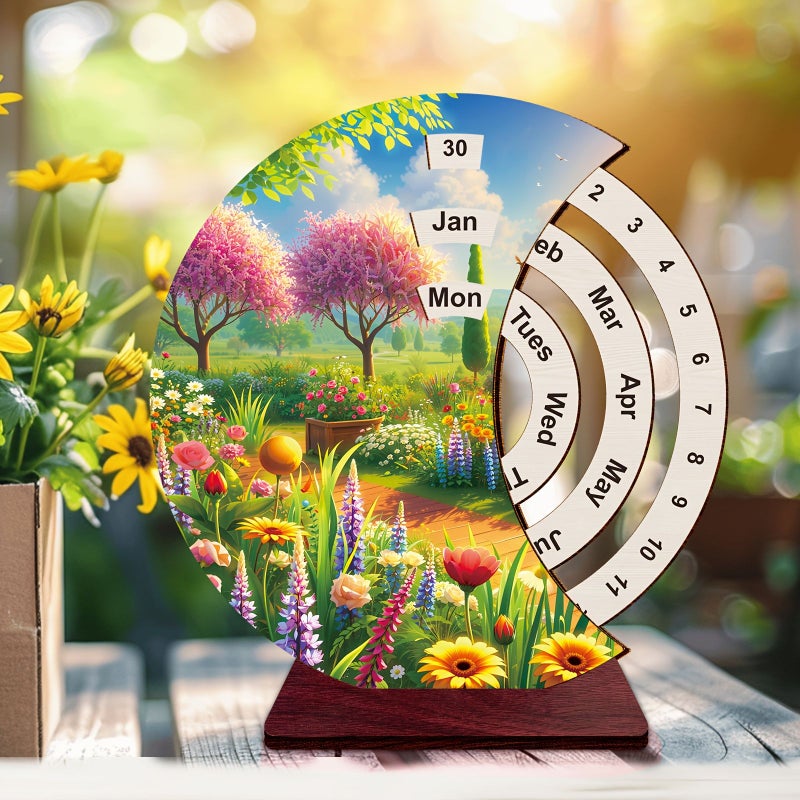 1pc Wooden Garden Path Creative Calendar Manual Rotation Table Decoration Simple Home Office Desktop Ornament Handmade Rotating Desk Calendar New Year Birthday Housewarming Gift - Image 1