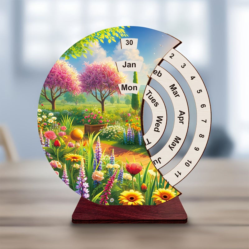 1pc Wooden Garden Path Creative Calendar Manual Rotation Table Decoration Simple Home Office Desktop Ornament Handmade Rotating Desk Calendar New Year Birthday Housewarming Gift - Image 5