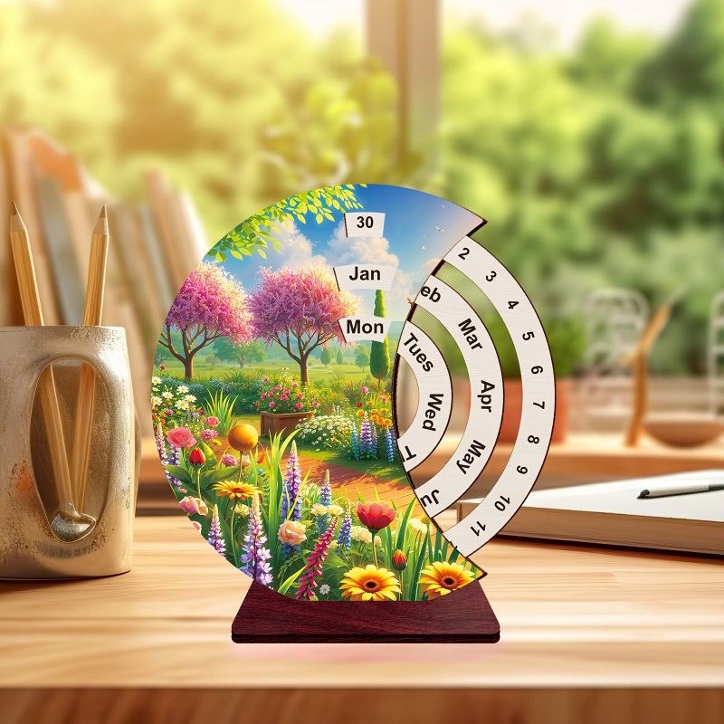 1pc Wooden Garden Path Creative Calendar Manual Rotation Table Decoration Simple Home Office Desktop Ornament Handmade Rotating Desk Calendar New Year Birthday Housewarming Gift - Image 4