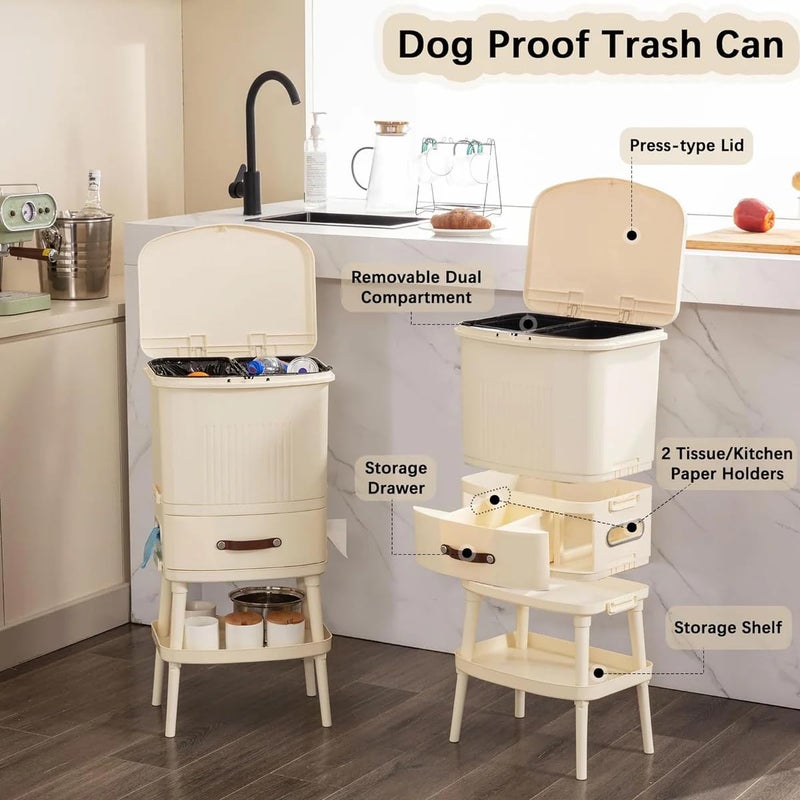 BLURISM BLURISM Bathroom Trash Can with Press Top Lid, Dual Compartment Recycling Kitchen Step Trash Can, Kitchen Trolley, Dry and Wet Separation Trash Can,for Bedroom,Bathroom,Office (White)  - Image 5