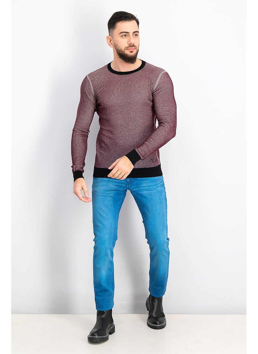 TRUSSARDI JEANS - Men Crew Neck Long Sleeves Textured Sweater, Maroon Combo - Image 1