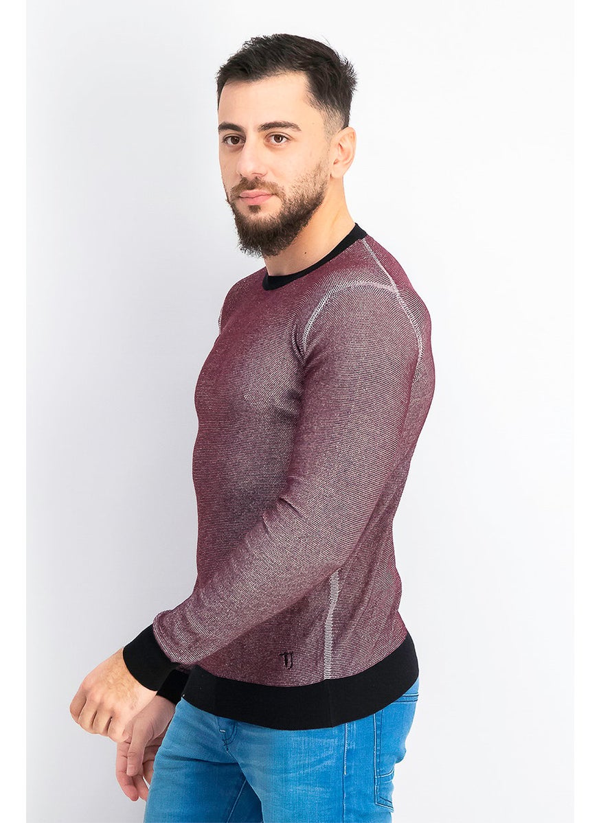 TRUSSARDI JEANS - Men Crew Neck Long Sleeves Textured Sweater, Maroon Combo - Image 1