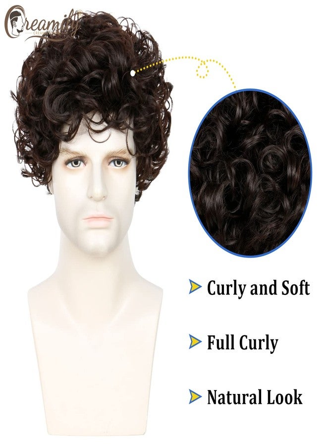 Creamily Men's Short Brown Curly Wigs with Bangs Afro Mens Wigs Short Hair Fully Curly Synthetic Hair Replacement Wig Realistic Party Cosplay Halloween Costume Wig for Men - Image 2