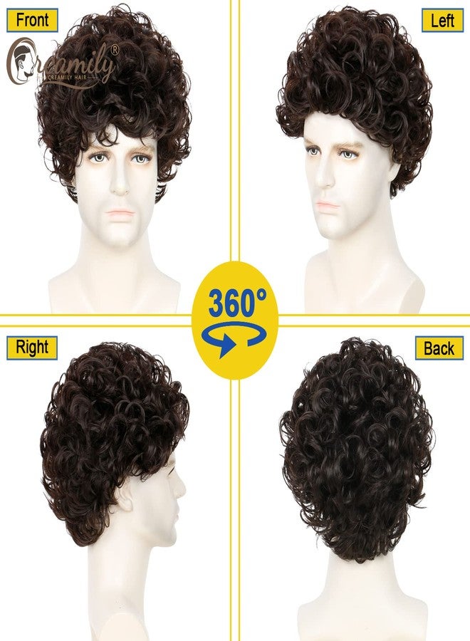 Creamily Men's Short Brown Curly Wigs with Bangs Afro Mens Wigs Short Hair Fully Curly Synthetic Hair Replacement Wig Realistic Party Cosplay Halloween Costume Wig for Men - Image 3