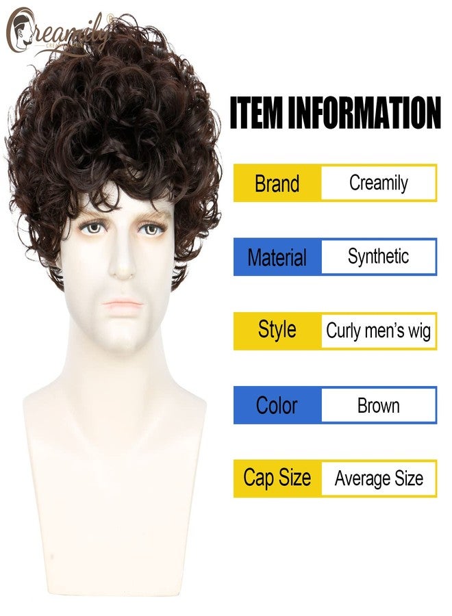Creamily Men's Short Brown Curly Wigs with Bangs Afro Mens Wigs Short Hair Fully Curly Synthetic Hair Replacement Wig Realistic Party Cosplay Halloween Costume Wig for Men - Image 4