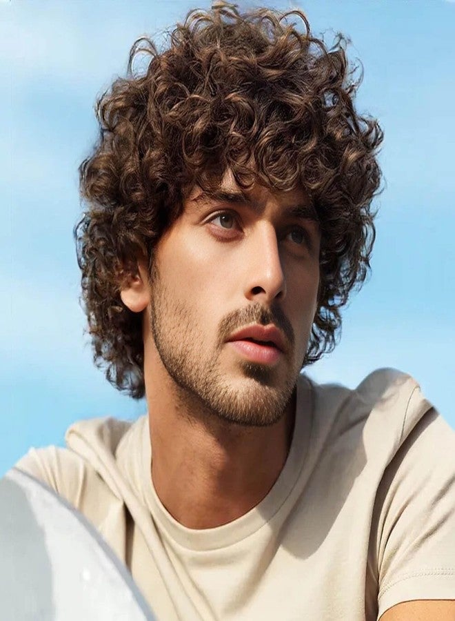 Creamily Men's Short Brown Curly Wigs with Bangs Afro Mens Wigs Short Hair Fully Curly Synthetic Hair Replacement Wig Realistic Party Cosplay Halloween Costume Wig for Men - Image 1
