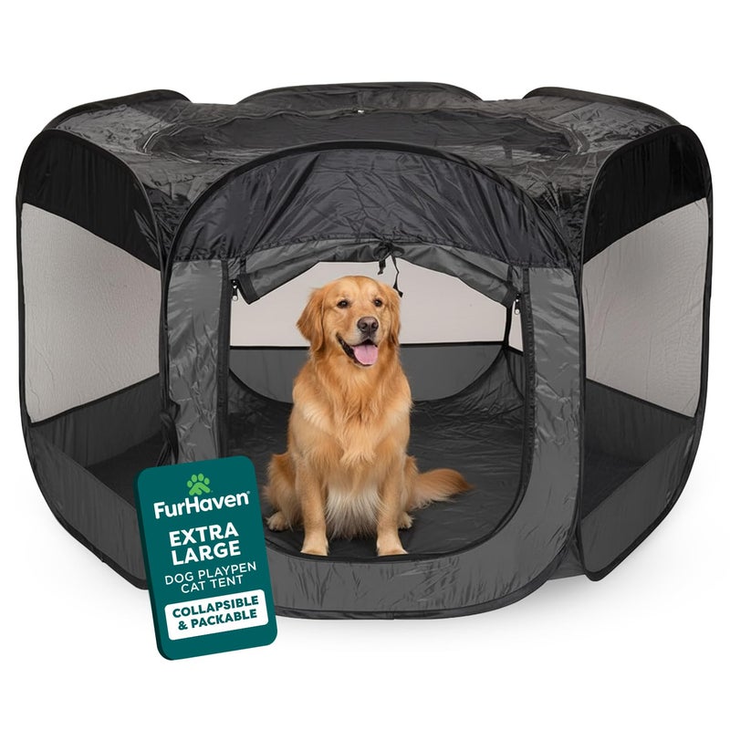 FurHaven SoftSided Dog Cat Playpen Portable Foldable Indoor Outdoor Pet Playpen with Mesh Windows Zippered Door Gray Extra Large - Image 2