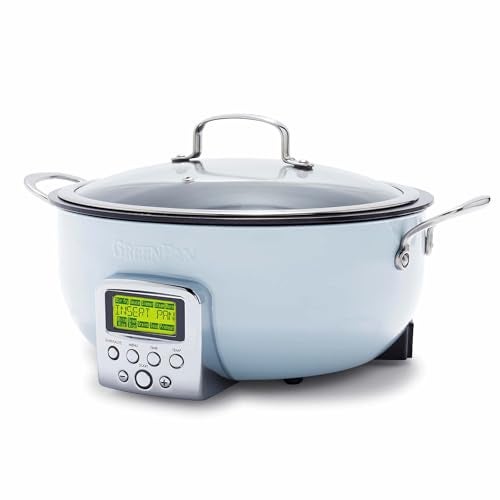 Greenpan GreenPan Elite Essential Smart Electric 6QT Skillet PotSear Saute StirFry and Cook Rice Healthy Ceramic Nonstick and Dishwasher Safe Parts Easytouse LED Display PFASFree Blue Haze 