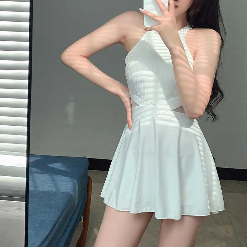 Swimwear women's dress solid color suspenders swimwear slim slim hot spring sexy backless professional swimwear wholesale(White, Average size) - Image 1