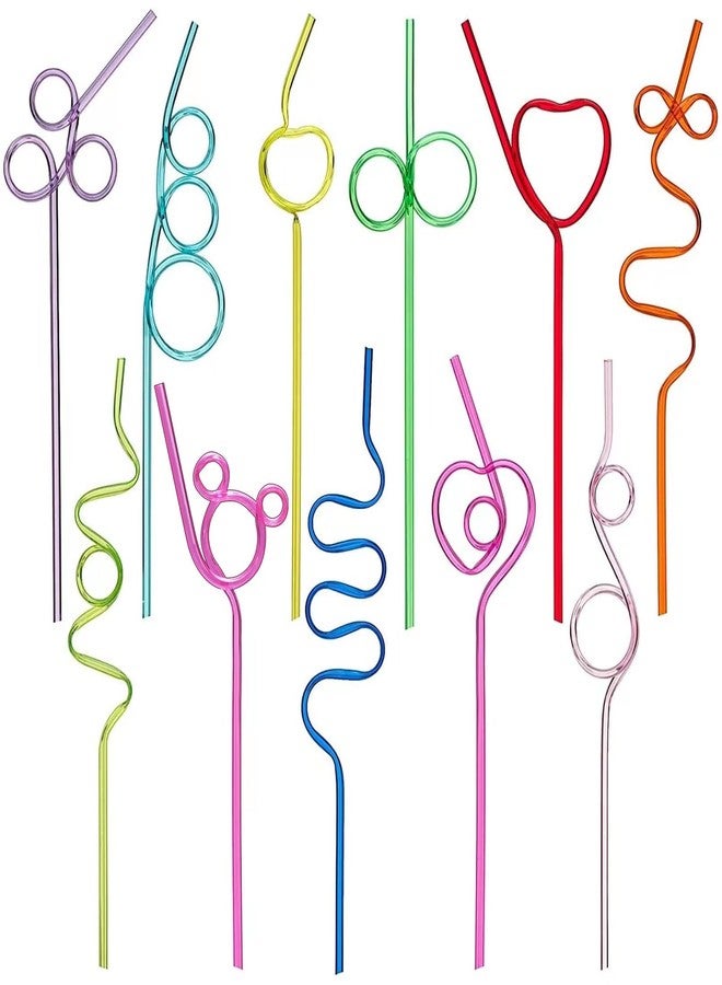 Loccmat 66 Pcs Reusable Plastic Colorful Loop Straws, 11 Different Designs, 10'' Silly Straws, Fun Varied Twists for Parties - Image 1