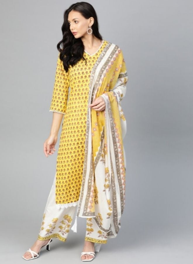Yuris Women Yellow  White Floral Printed Pure Cotton Kurta with Palazzos  With Dupatta - Image 1