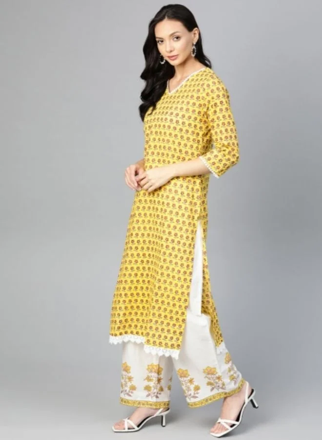 يوريس يوريس للنساء كورتا قطن نقي مطبوع بالزهور باللونين الأصفر والأبيض مع بنطلون بالازو ودوباتا