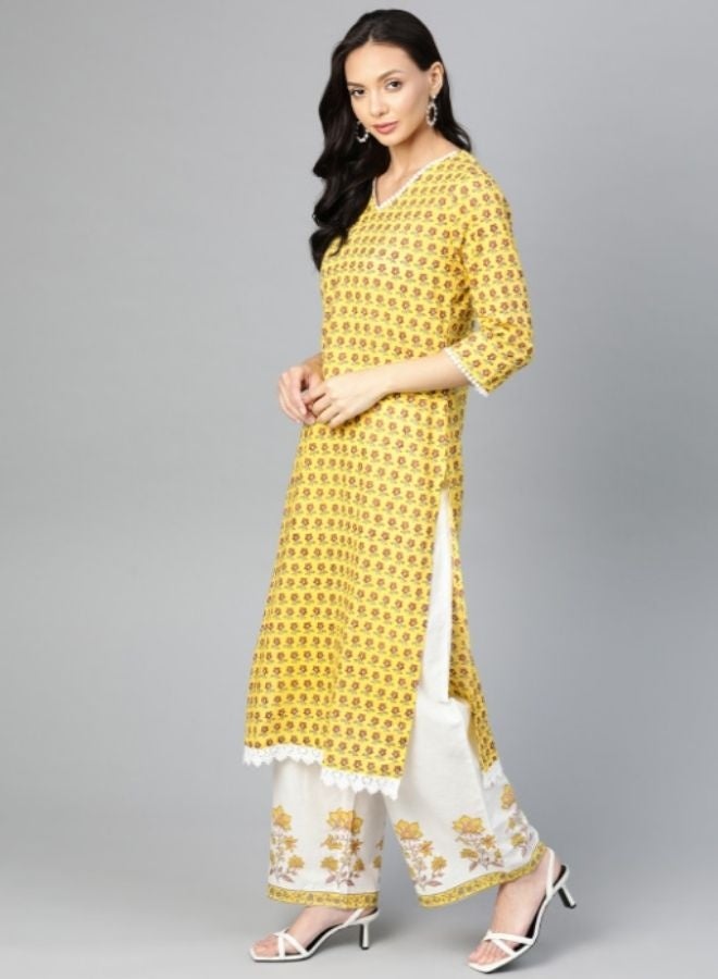 Yuris Women Yellow  White Floral Printed Pure Cotton Kurta with Palazzos  With Dupatta - Image 2