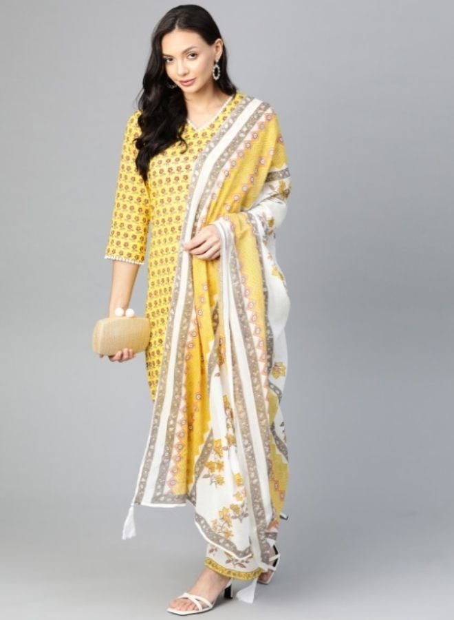 Yuris Women Yellow  White Floral Printed Pure Cotton Kurta with Palazzos  With Dupatta - Image 4