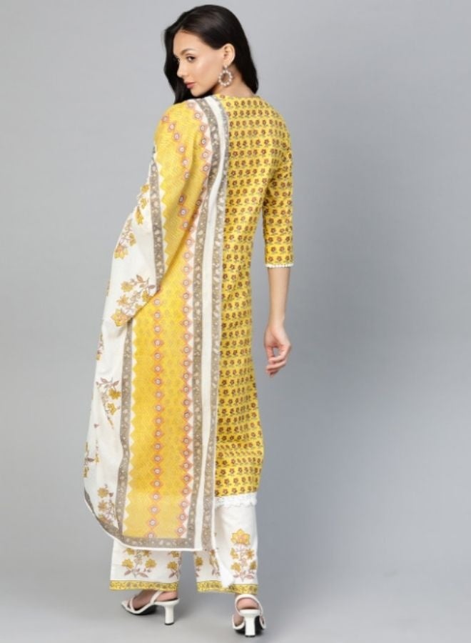 Yuris Women Yellow  White Floral Printed Pure Cotton Kurta with Palazzos  With Dupatta - Image 3