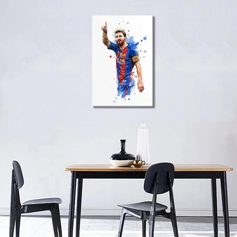 تيشيرون لوحة حائط قماشية نجم كرة القدم لاعب كرة القدم الأرجنتيني الشهير ليونيل ميسي عمل فني حديث طباعة لغرفة المعيشة وغرفة النوم والمكتب وديكور النادي مشدود ومؤطر جاهز للتعليق - 24 عرض × 16 ارتفاع بوصة - Image 4