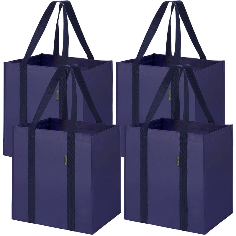 BALEINE 4 PK Grocery Bags Reusable Shopping Bags with Reinforced Bottom  Heavy Duty Foldable Tote Bags (Navy Blue) - Image 1