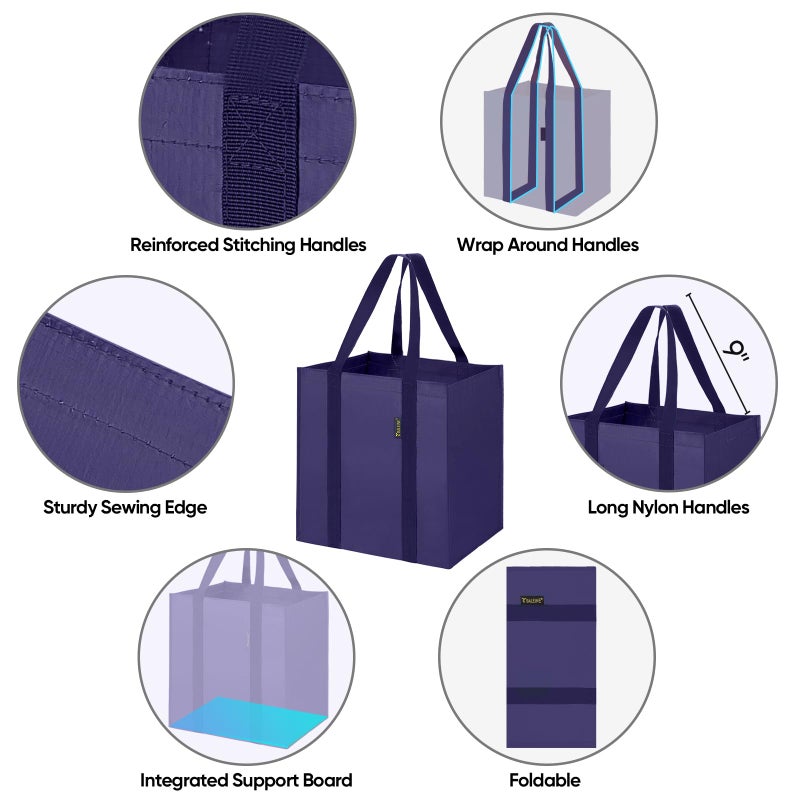 BALEINE 4 PK Grocery Bags Reusable Shopping Bags with Reinforced Bottom  Heavy Duty Foldable Tote Bags (Navy Blue) - Image 3