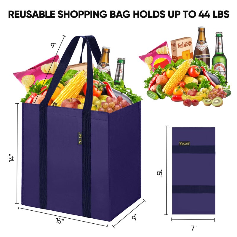 BALEINE 4 PK Grocery Bags Reusable Shopping Bags with Reinforced Bottom  Heavy Duty Foldable Tote Bags (Navy Blue) - Image 2