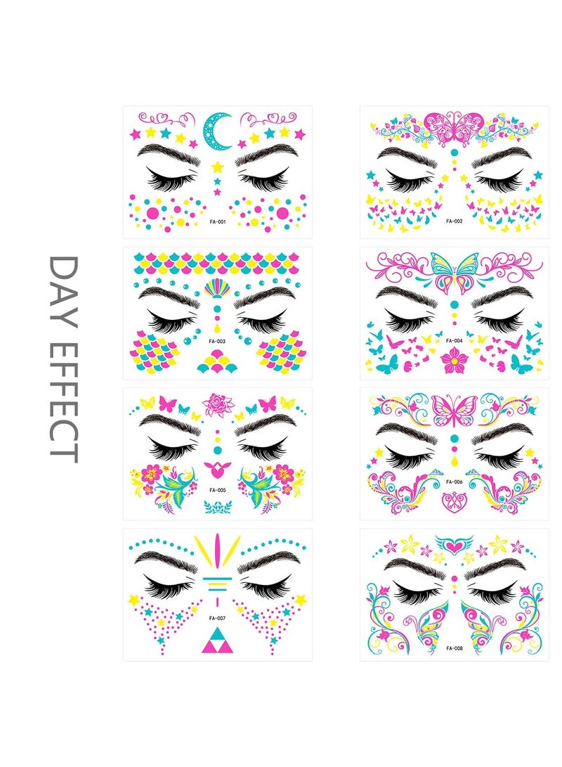 SYOSI SYOSI Luminous Face Tattoo Stickers Body Glow in the Dark Fluorescent Face Rhinestone Tattoo Temporary Tattoo Sparkly UV Neon Mask Tattoo Rave Festival Accessory Party (8 PCS) - Image 3