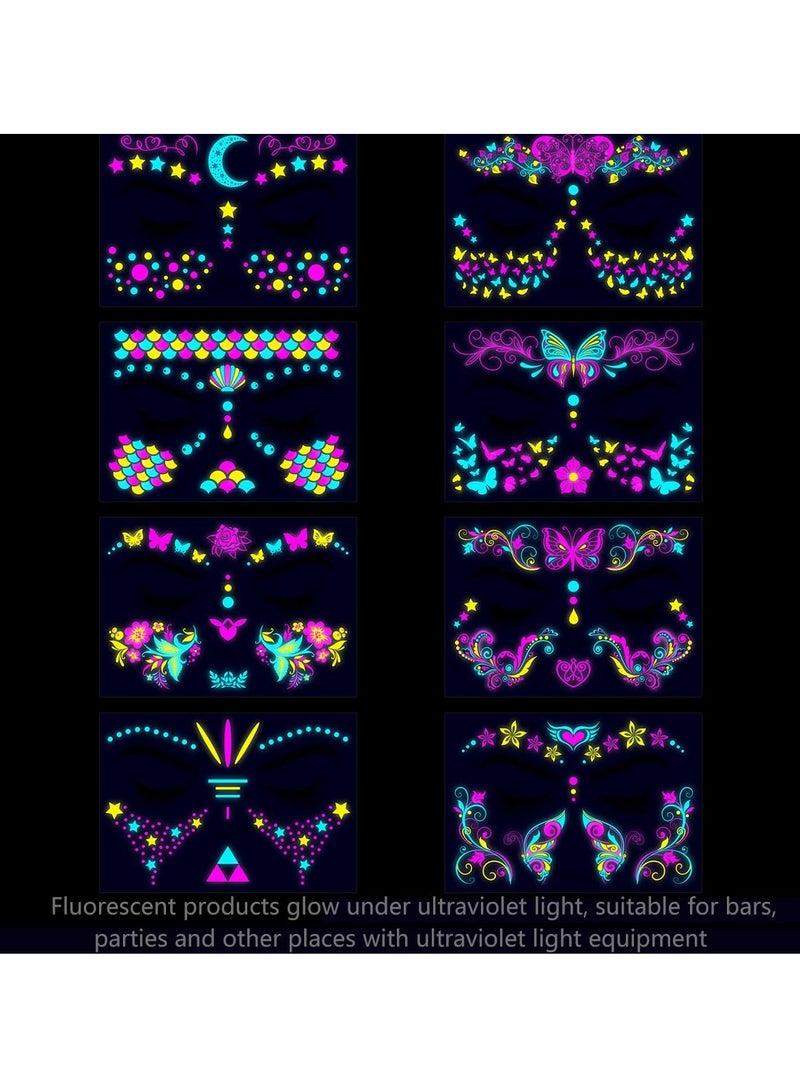 SYOSI SYOSI Luminous Face Tattoo Stickers Body Glow in the Dark Fluorescent Face Rhinestone Tattoo Temporary Tattoo Sparkly UV Neon Mask Tattoo Rave Festival Accessory Party (8 PCS) - Image 2