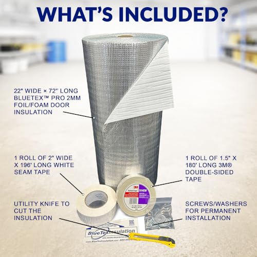 BlueTex Insulation مجموعة عزل أبواب الجراج BlueTex 2 سيارة عزل فوم أبيض عاكس مقاوم للتمزق 18 قدم (عرض) × 7 قدم (ارتفاع) لتبريد جراجك. مجموعة تركيب DIY كاملة - Image 5