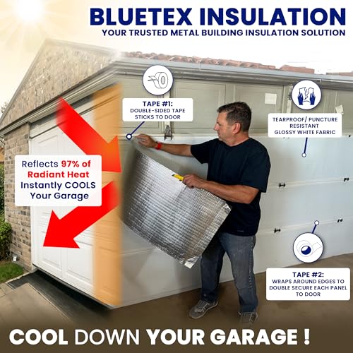 BlueTex Insulation مجموعة عزل أبواب الجراج BlueTex 2 سيارة عزل فوم أبيض عاكس مقاوم للتمزق 18 قدم (عرض) × 7 قدم (ارتفاع) لتبريد جراجك. مجموعة تركيب DIY كاملة - Image 2