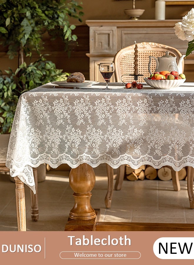 DUNISO French Country White Lace Tablecloth 55x78.7 inches,Wear Resistant Dustproof Rectangular Vintage Floral Lace Table Cover, Decorations for Wedding Party, Dining Decor, Rustic Table Overlay - Image 1
