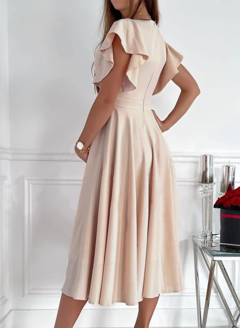 Dokotoo Womens Midi Formal Wedding Guest Dresses V Neck Elegant Party Skater Dress Valentines Dress for Women Summer Dress Apricot 2XL - Image 2