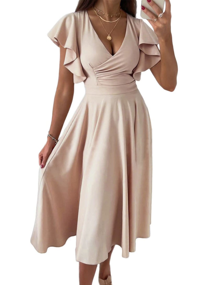 Dokotoo Womens Midi Formal Wedding Guest Dresses V Neck Elegant Party Skater Dress Valentines Dress for Women Summer Dress Apricot 2XL - Image 1