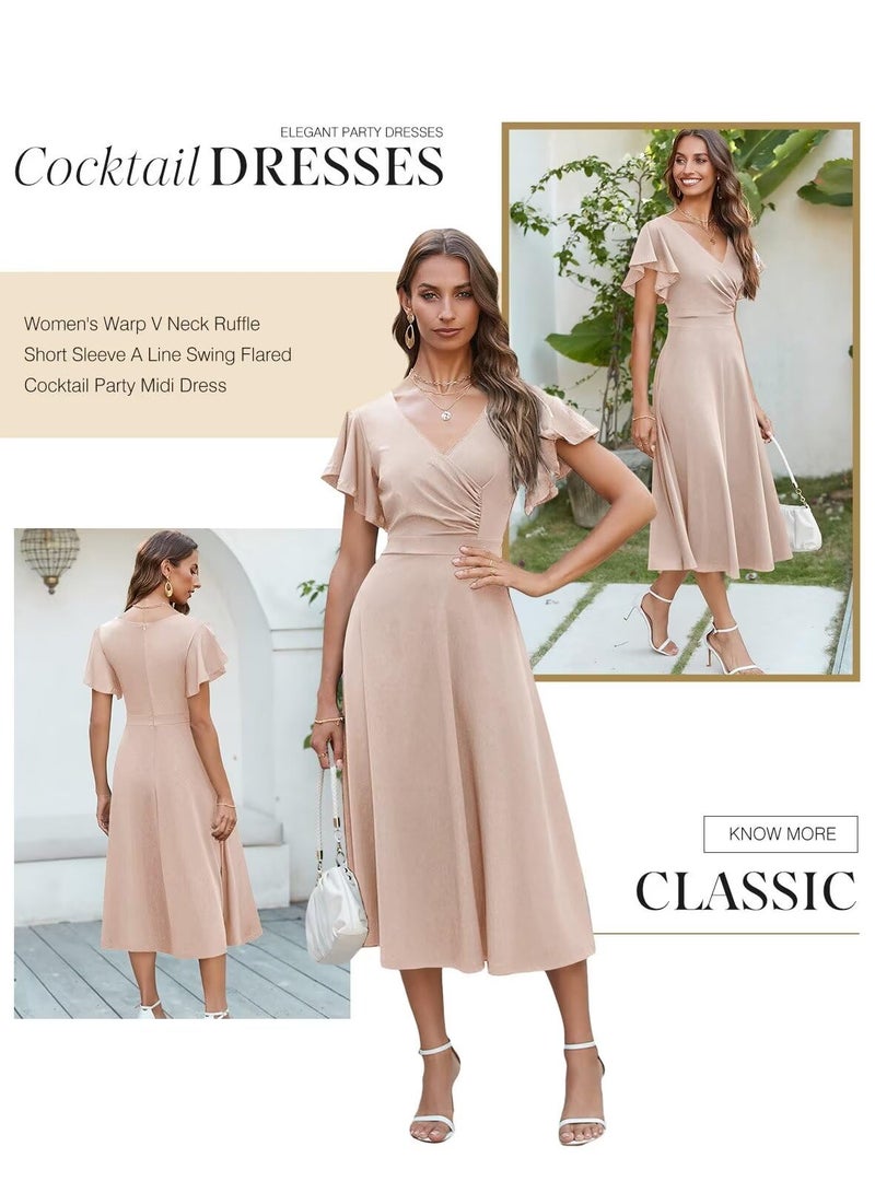 Dokotoo Womens Midi Formal Wedding Guest Dresses V Neck Elegant Party Skater Dress Valentines Dress for Women Summer Dress Apricot 2XL - Image 3