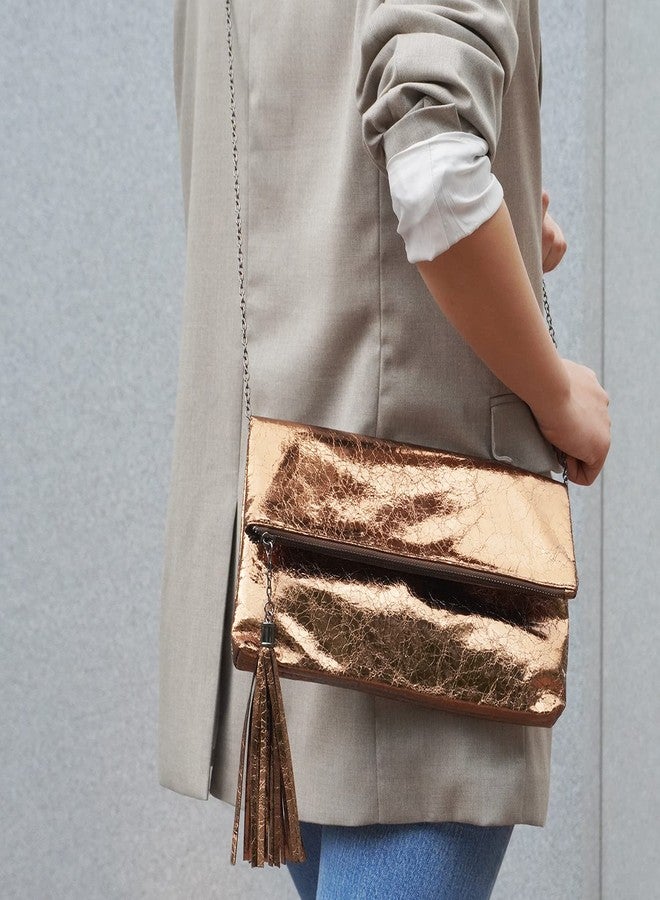 JNB Women's Cracked Metallic Fabric Foldover Clutch with Tassel, Bronze - Image 5