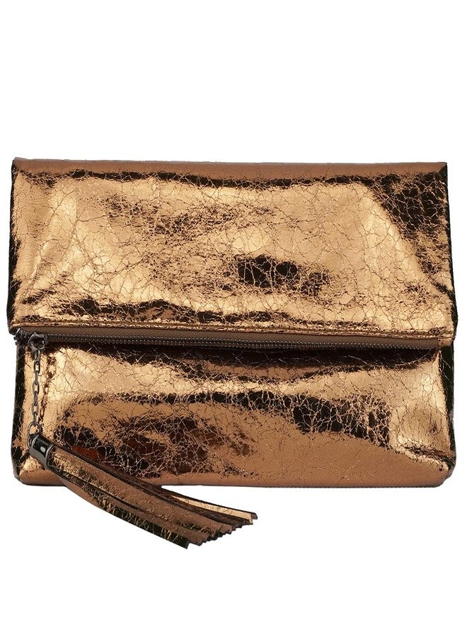 JNB Women's Cracked Metallic Fabric Foldover Clutch with Tassel, Bronze - Image 1