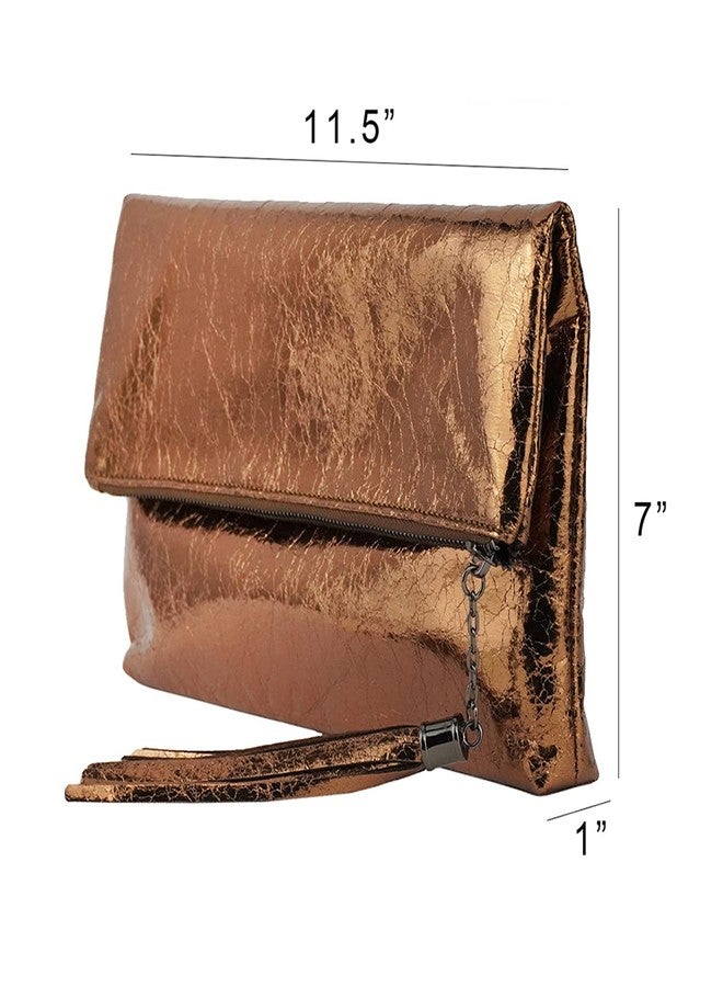 JNB Women's Cracked Metallic Fabric Foldover Clutch with Tassel, Bronze - Image 3