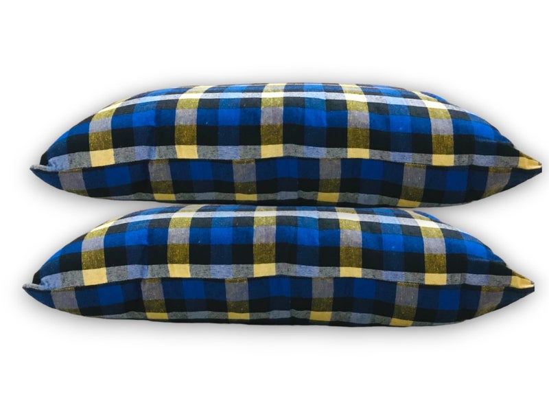 ATOOTFUSION Cotton Sleeping Pillow, 41 x 66 cm, Checkered Pattern, Medium Hard, Blue and Yellow Multicolor Check (Standard Pack of 02) - Image 1