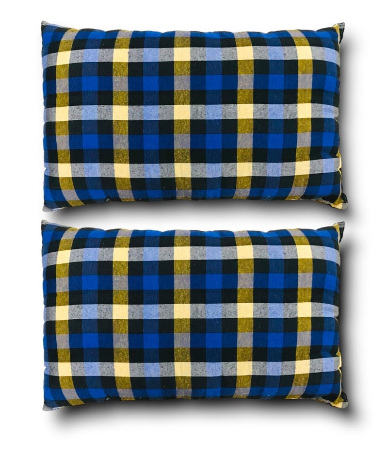 ATOOTFUSION Cotton Sleeping Pillow, 41 x 66 cm, Checkered Pattern, Medium Hard, Blue and Yellow Multicolor Check (Standard Pack of 02) - Image 2