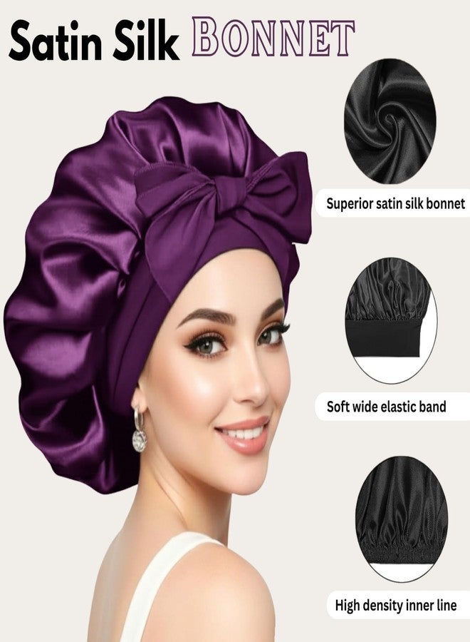 Atrube Silk Bonnet for Hair with 3 Scrunchies| Adjustable Satin Hair Cap for Sleeping | Bonnet for Curly Hair with Wide Tie Band| Multiple use| Shower Cap| (purple) - Image 2