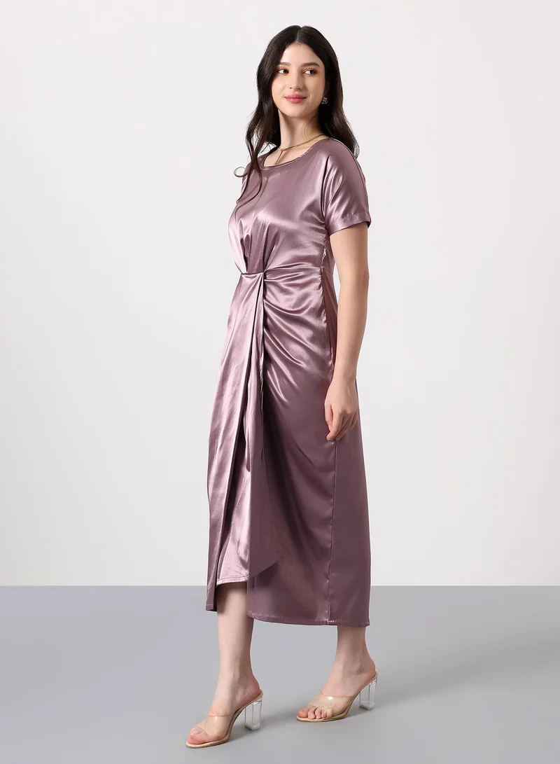 Pinacolada  Women's Nude Pink Draped Midi Dress | فستان نسائي | كم قصير | بنقشة سادة | طول ميدي/حتى منتصف الساق | كاجوال ويومي | ياقة دائرية for Women | Best Price UAE