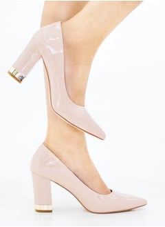 LAMARAPARIS Himani pat court shoe on 8.5cm block gold trim heel nude  - Image 1