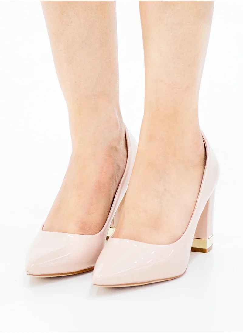 LAMARAPARIS Himani pat court shoe on 8.5cm block gold trim heel nude