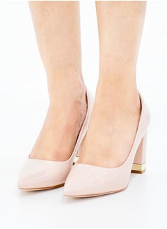 LAMARAPARIS Himani pat court shoe on 8.5cm block gold trim heel nude  - Image 2