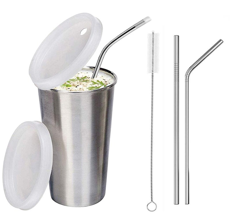 NOBILEA Stainless Steel Tumbler with Silicon Lid Capacity 370 ml Leak Proof Set of 1 pcs with 2 Straws 1 Brush Glass with Silicon lid Steel Glass with LidSilver - Image 1
