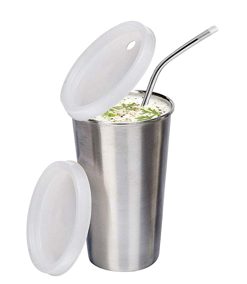 NOBILEA Stainless Steel Tumbler with Silicon Lid Capacity 370 ml Leak Proof Set of 1 pcs with 2 Straws 1 Brush Glass with Silicon lid Steel Glass with LidSilver - Image 2