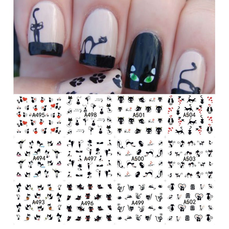 AKOAK 12 Sheets Cute Cat Pattern Watermark Designs Nail Art Stickers Water Transfer Decals Beauty Nails for Nail Art Design - Image 4