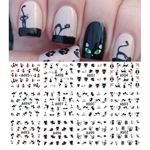 AKOAK 12 Sheets Cute Cat Pattern Watermark Designs Nail Art Stickers Water Transfer Decals Beauty Nails for Nail Art Design - Image 1
