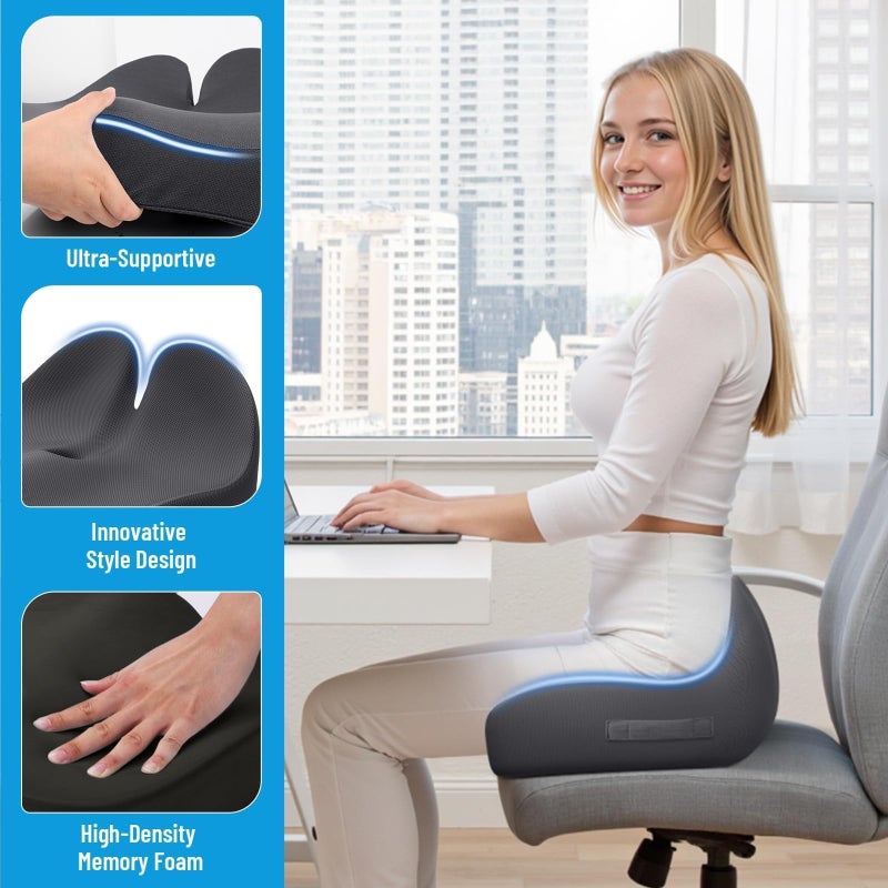 Cushzone Seat Cushion, Memory Foam Office Chair Cushions, Ergonomic Curved Design for Sciatica, Tailbone, Coccyx, Seat Support for Car, Desk Chair, Wheelchair, Enhances Long Sitting Comfort (Grey) - Image 4