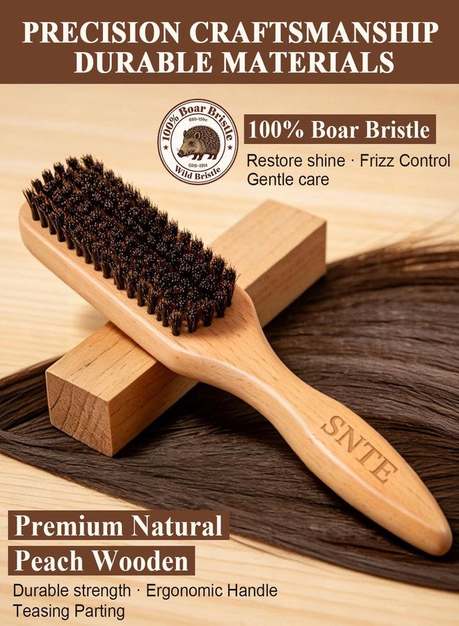Samnyte Peach Wood Boar Bristle Slick Back Hair Brush & Rat Tail Comb Set - Controls Frizz, Smooths Flyaways, Restores Shine - Creates Sleek Ponytails, Buns & Edge Control, Teasing for Women & Kids - Image 2