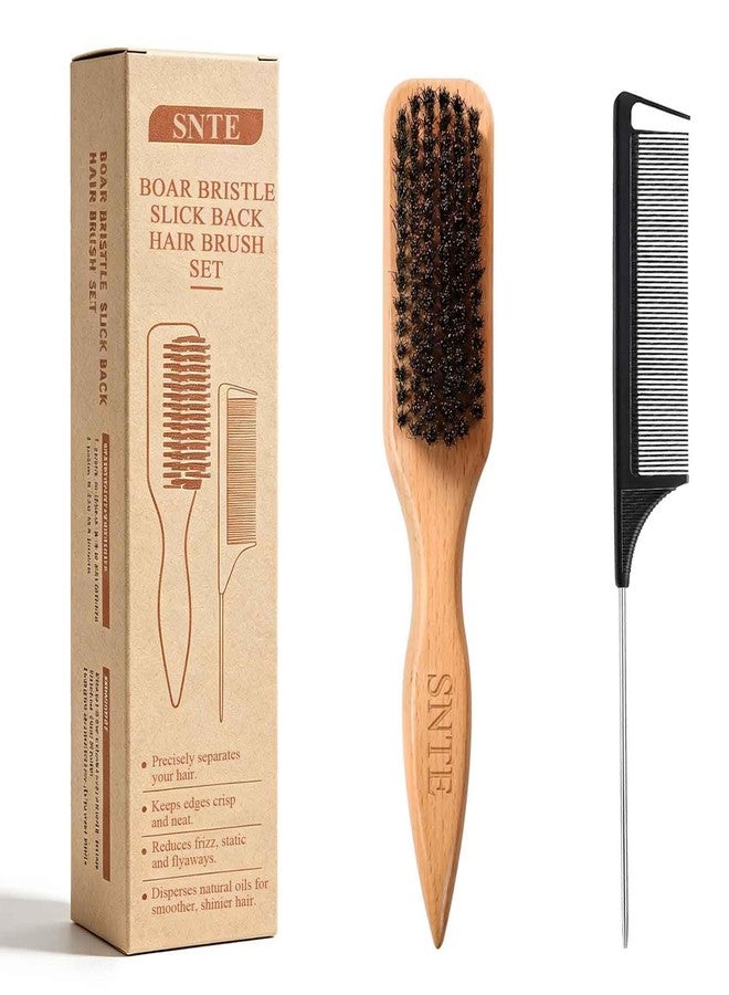 Samnyte Peach Wood Boar Bristle Slick Back Hair Brush & Rat Tail Comb Set - Controls Frizz, Smooths Flyaways, Restores Shine - Creates Sleek Ponytails, Buns & Edge Control, Teasing for Women & Kids - Image 1