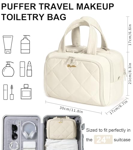 Bagstellar Travel Toiletry Bag, Large Wide-open Puffy Toiletry Bag for Women, Lightweight Quilted Makeup Bag Cosmetic Organizer with Handle Water-resistant Travel Essentials for Toiletries Accessories Beige - Image 2